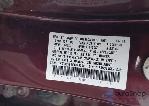 2015 Honda Accord Ex-L from USA, damaged, VIN 1HGCR2F82FA043366